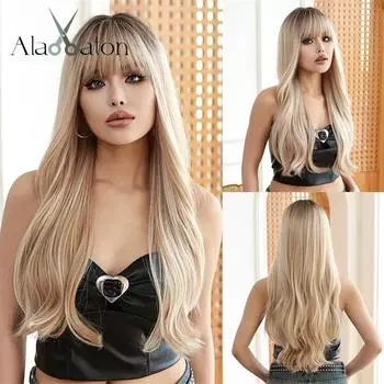 ALAN EATON Блондинка с омбре, мелированные парики с челкой, синтетические волнистые длинные волосы, термостойкий повседневный парик, натуральный вид для женщин