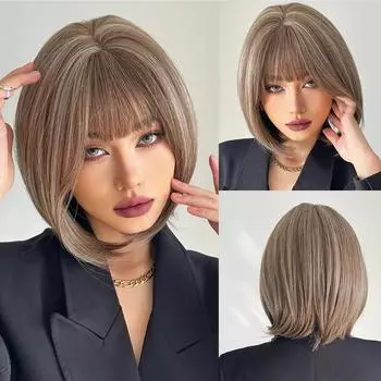 ALAN EATON Боб парики с челкой Синтетический короткий прямой парик для чернокожих женщин Смешанный коричневый пепельно-серый термостойкий парик для косплея бобо