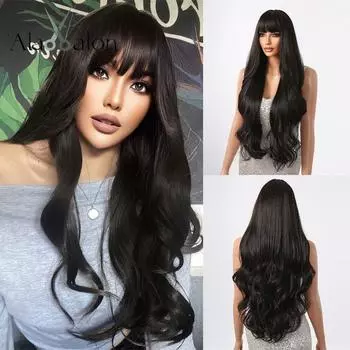 ALAN EATON Черный Длинный Волнистый Парик Для Женщин Синтетические Парики Натуральной Волны с Челкой Ежедневные Вечерние Накладные Волосы Термостойкое Волокно