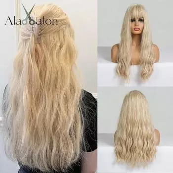 ALAN EATON Длинные коричневые натуральные волнистые синтетические парики с челкой Медно-рыжие волосы Парики для женщин Ежедневное использование для косплея Термостойкие