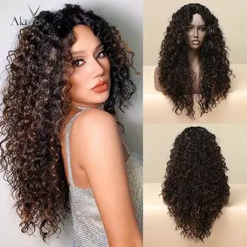 ALAN EATON Длинные кудрявые вьющиеся передние парики на шнуровке Средняя часть Ombre Черный Коричневый Выделенный кружевной синтетический парик для женщин Термостойкий