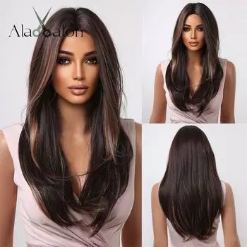 ALAN EATON Длинные прямые черно-коричневые смешанные синтетические парики для чернокожих женщин Многослойные средние парики Ежедневное использование для косплея Термостойкие