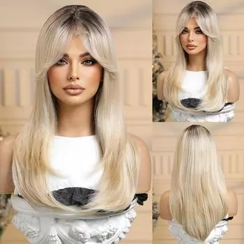 ALAN EATON Длинные прямые парики из кружевных волос с фронтальной частью, парик с эффектом омбре, блонд, коричневый, многослойный, с челкой, термостойкое волокно