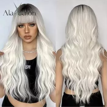 ALAN EATON Длинные синтетические парики Ombre Blonde, натуральный волнистый парик с челкой для повседневного использования, мягкие высокотемпературные волокна, вечеринка, косплей