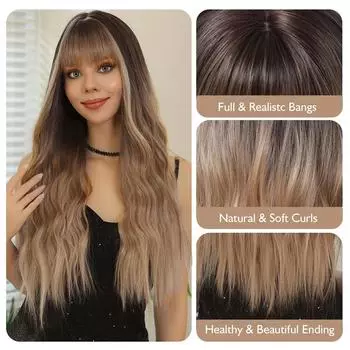 ALAN EATON Длинные волнистые парики с челкой для женщин, парик от коричневого до блондина с темными корнями, синтетические термостойкие парики для ежедневного использования