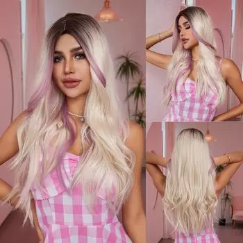 ALAN EATON Длинные волнистые темные корни Ombre Белые светлые парики из синтетических волос с розовыми бликами женские парики Дарти Ежедневный парик для косплея Парики из термостойкого волокна