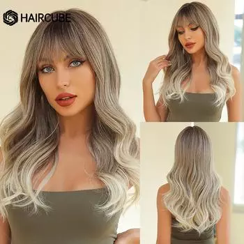 ALAN EATON Длинные волнистые вьющиеся парики OMbre Парик от коричневого до серого цвета с челкой Синтетический термостойкий парик Волокнистые парики для женщин для ежедневных вечеринок