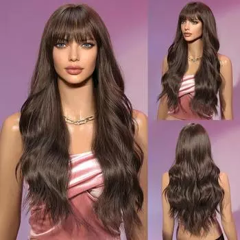 ALAN EATON Длинный кудрявый волнистый синтетический парик с челкой темно-коричневого цвета для женщин, повседневных вечеринок, косплея, термостойкий