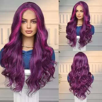 ALAN EATON Длинный парик на шнуровке спереди, фиолетовый, волнистый, цвет парика для женщин, повседневная вечеринка, косплей, высокая плотность