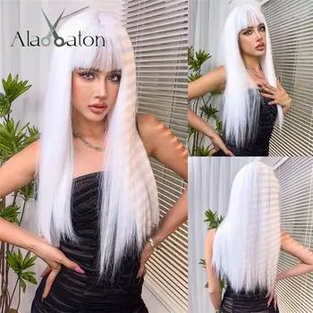 ALAN EATON Длинный прямой белый парик Парик из синтетических волос с челкой Термостойкое волокно парик Женский мягкий повседневный парик для вечеринок