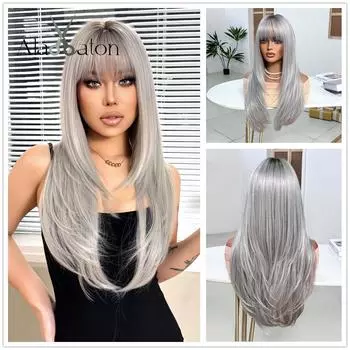 ALAN EATON Длинный прямой светло-серый синтетический парик с челкой для женщин, натуральные волосы, цветные парики в стиле Лолиты для косплея, термостойкое волокно