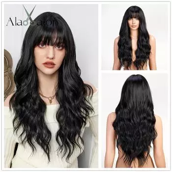 ALAN EATON Длинный синтетический черный парик, волнистые парики с челкой, парики для косплея для женщин, вечерние, термостойкое волокно