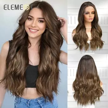 ALAN EATON HD 13x6 Кружевные парики Синтетические волосы Длинные водные волнистые Средняя часть Темно-коричневый парик из волос Повседневный парик для вечеринок для женщин Натуральное использование