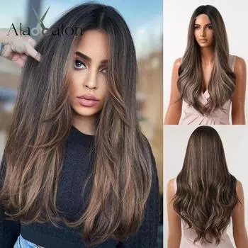 ALAN EATON Honey Blonde Highlight Brown Длинные волнистые синтетические парики Натуральная линия волос Парик со средней частью для женщин Термостойкие волосы