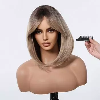 ALAN EATON Коричневые короткие многослойные синтетические парики Светло-коричневый парик с омбре с челкой Волосы до плеч Парик из мягкого волокна для ежедневного использования