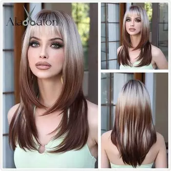 ALAN EATON Коричневые Серые Синтетические Парики Длинный Прямой Многослойный Парик с Челкой для Женщин Косплей Вечеринка Ежедневное Использование Термостойкое Волокно