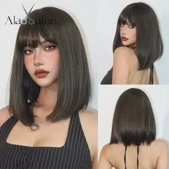 ALAN EATON Коричневые синтетические парики с челкой до плеч, натуральные искусственные волосы для женщин, повседневные вечерние, полный парик, термостойкое волокно