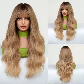 ALAN EATON Коричневый блондин Длинные вьющиеся парики Синтетический волнистый парик с челкой Ombre Натуральные повседневные волосы для женщин Термостойкие волосы