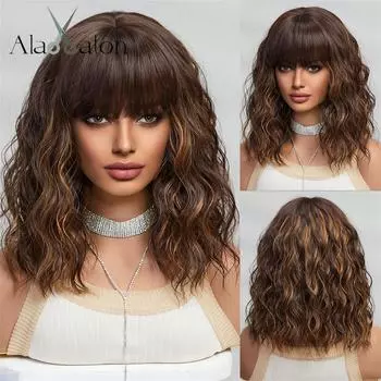 ALAN EATON Короткие синтетические парики BOB Темно-коричневый кудрявый парик с челкой для женщин Косплей Повседневная вечеринка Парик из термостойкого волокна