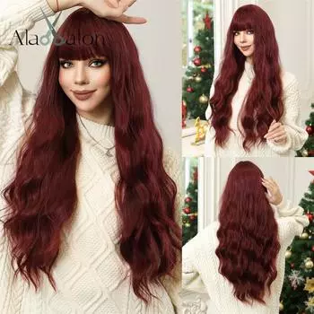 ALAN EATON Красный Свободный Волнистый Синтетический Парик для Женщин Натуральные Длинные Красные Парики с Челкой Термостойкие Волосы Для Ежедневных Вечеринок Высокое Качество