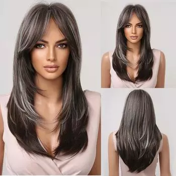 ALAN EATON Многослойные длинные прямые парики с челкой Черный Коричневый Серый Выделите парики из полных волос Женщины Косплей Ежедневное использование Парики из высокотемпературного волокна