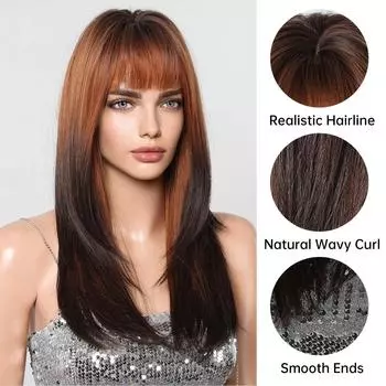 ALAN EATON Многослойный парик от светло- до темно-коричневого цвета Длинный прямой синтетический парик Коричневый парик с омбре для женщин с челкой для повседневных вечеринок