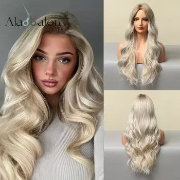 ALAN EATON Ombre Blonde Длинные волнистые волосы Парики Средняя часть Натуральный блондин Синтетический парик Высокотемпературное волокно для женщин Ежедневное использование