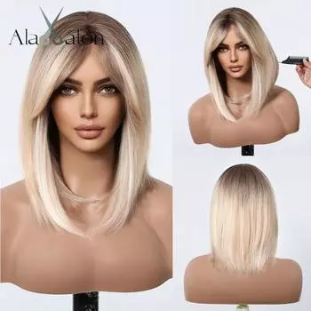 ALAN EATON Ombre Blonde Синтетические парики Боб Короткий прямой парик с челкой Волосы до плеч Натуральные мягкие Повседневные термостойкие