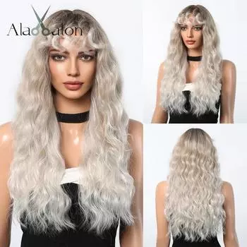 ALAN EATON Ombre Блондинка вьющиеся парики с челкой Длинные волны Синтетический полный парик Симпатичный парик для косплея на вечеринке Высокотемпературные искусственные волосы