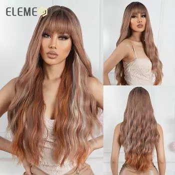 AlAN EATON OMbre Коричневые блондинки Смешанные парики с челкой Длинные вьющиеся волнистые синтетические парики для женщин Парики из термостойкого волокна Повседневная вечеринка Косплей