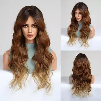 ALAN EATON Ombre Коричневые синтетические парики с темными корнями Длинные волнистые парики из натуральных волос с челкой для женщин Косплей Парик Лолиты Термостойкий