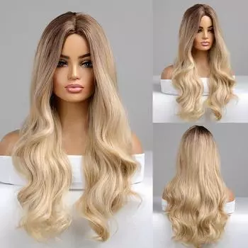 ALAN EATON Ombre Коричневый блондин Синтетический парик для женщин Длинные волнистые парики с темным корнем Красочные косплей Искусственные волосы для вечеринок Термостойкие