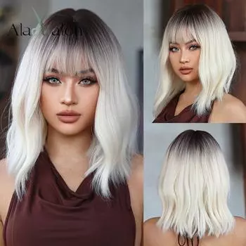 ALAN EATON Ombre Platinum Blonde Bob Wig Короткие вьющиеся синтетические парики с челкой для белых женщин Косплей Ежедневное использование Вечеринка Накладные волосы