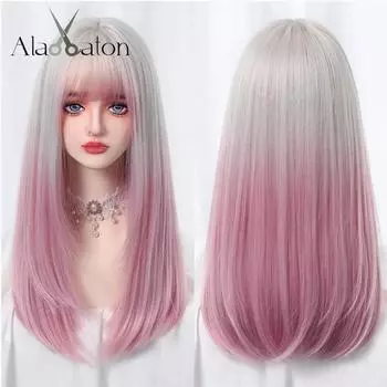 ALAN EATON Ombre розовый прямой синтетический парик длинные гладкие волосы для женщин розовый парик с челкой мягкий для вечеринки косплей высокотемпературное волокно