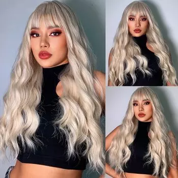 ALAN EATON Платиновый блондин Светло-золотистые волосы Парики Длинные волнистые вьющиеся синтетические парики с челкой Термостойкие парики для женщин Косплей Ежедневная вечеринка