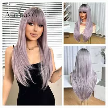 ALAN EATON Purple Synthetic Wigs with Bangs Long Straight Wig Silk Smooth Daily Blonde Hair Heat Resistant Wig Natural Looking