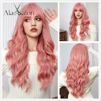 ALAN EATON Розовый синтетический парик Длинные волнистые парики с челкой Парики для косплея Лолиты для женщин Термостойкое волокно Парики из натуральных волос