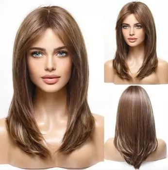 ALAN EATON Синтетические парики Длинные прямые многослойные прически Ombre Коричневый смешанный серый полный парик с челкой для женщин