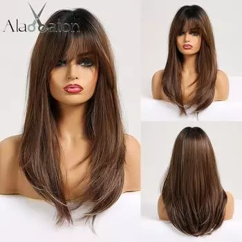 ALAN EATON Синтетические парики для чернокожих женщин Афро Длинный прямой парик с эффектом омбре Черный коричневый пепельно-русый парик с челкой Многослойный парик для косплея