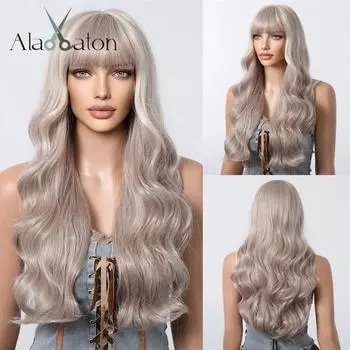 ALAN EATON Светло-пепельно-русый волнистый синтетический парик Длинный парик с волнистыми волосами Ombre с челкой Термостойкий повседневный парик для женщин