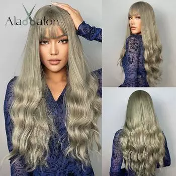 ALAN EATON Светло-зеленые длинные кудрявые парики с челкой Натуральная волна Омбре Синтетический парик Высокотемпературное волокно для женщин Ежедневный косплей