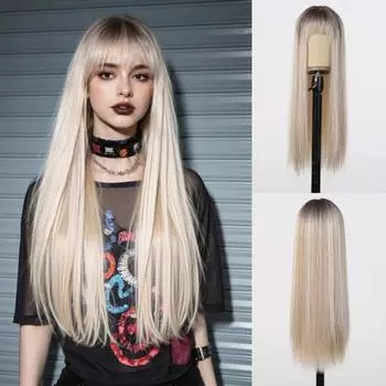 ALAN EATON Светлый платиновый синтетический парик с челкой для женщин, костюм на Хэллоуин, длинный прямой парик с эффектом омбре и челкой для готики