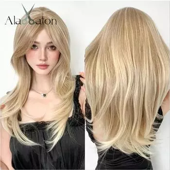 ALAN EATON Светлый синтетический парик Длинные многослойные парики с челкой Натурально выглядящие светлые прямые волосы Термостойкий мягкий повседневный парик