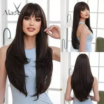 ALAN EATON Темно-коричневые синтетические парики Длинный многослойный прямой парик с челкой Натуральный коричневый полный парик Жаропрочные ежедневные искусственные волосы