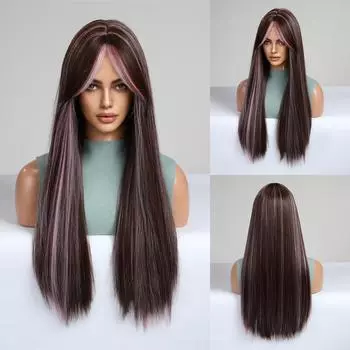 ALAN EATON Темно-коричневые синтетические парики с подсветкой Розовые длинные прямые парики из натуральных волос с длинной челкой для женщин Косплей Парик Лолиты Термостойкий
