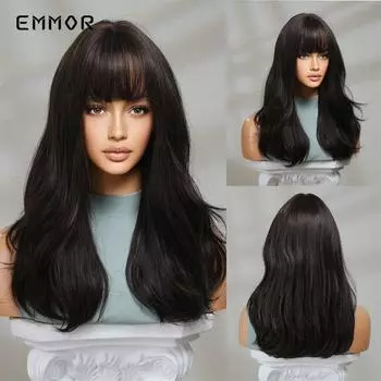 ALAN EATON Темно-коричневые синтетические волнистые парики с челкой средней длины для женщин, повседневный косплей, вечерние парик из термостойкого волокна