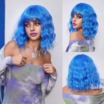ALAN EATON Волнистый короткий парик Боб Синие парики с челкой Синтетические парики Высокое качество Бесплатная доставка Женское платье Оригинальный косплей