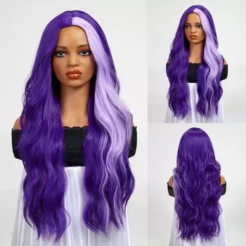 AlAN Фиолетовые синтетические парики для женщин Длинные волнистые вьющиеся парики Волоконный парик с бликами Парики для косплея Вечерние термостойкие