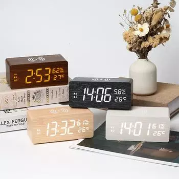 Alarm Clock LED Digital Wooden With Temperature Humidity USB Powered Electronic Desk Clocks Suppose Phone Wilreless Charging