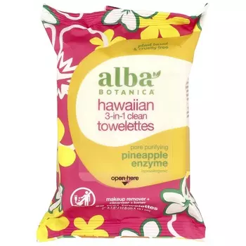 Alba Botanica, Гавайские салфетки 3 в 1, фермент ананаса, 25 влажных салфеток
